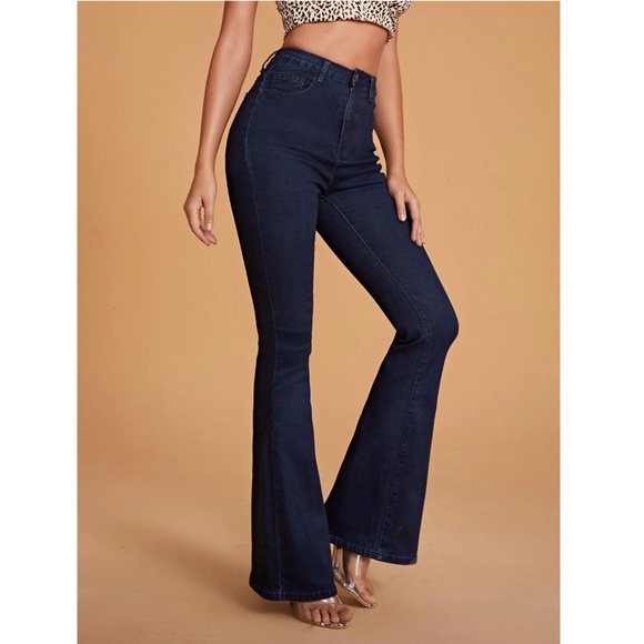 High Waist Flared Dark Wash Blue Denim Jeans Bell Bottom - Picture 2 of 11